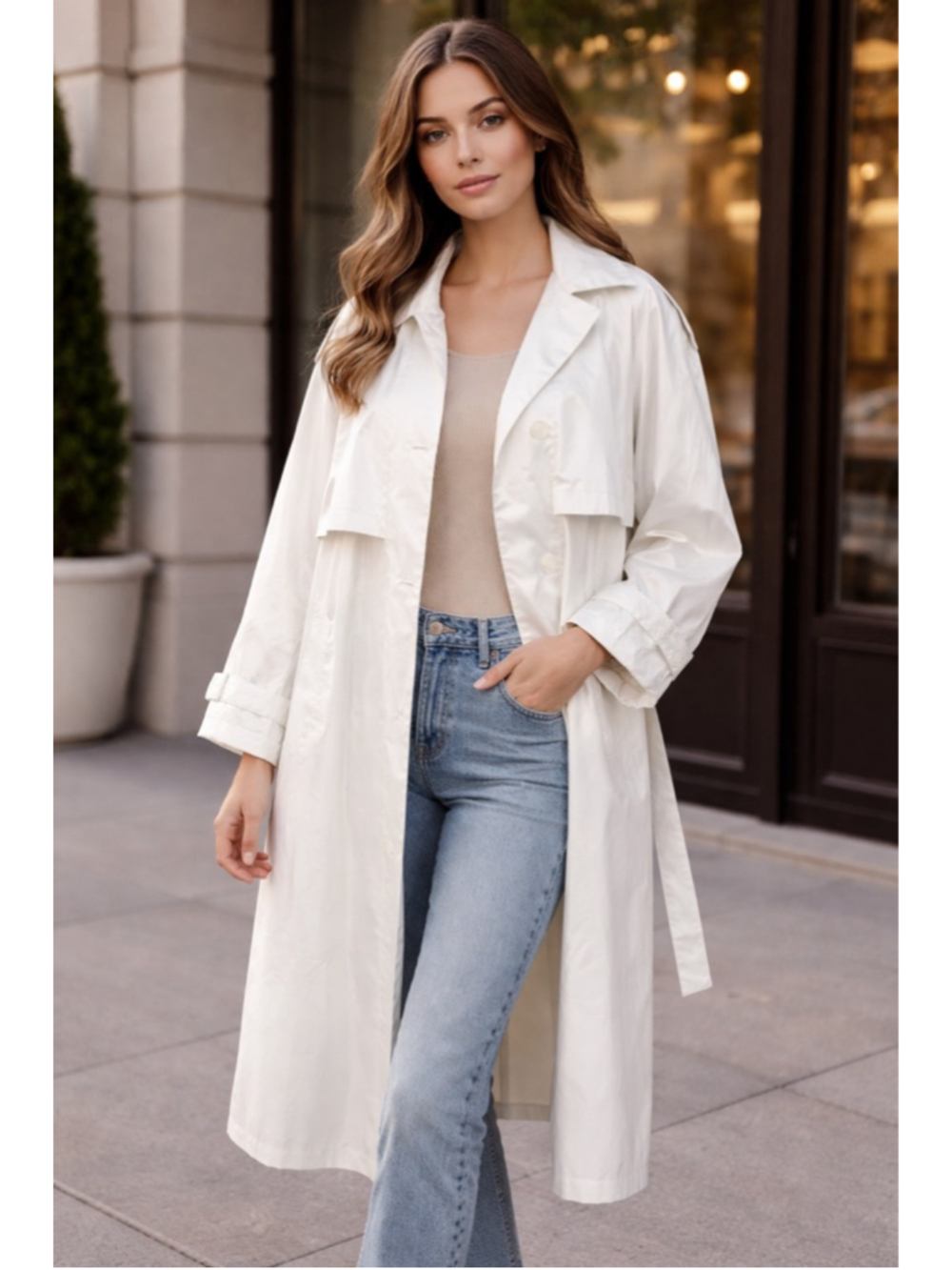 Worthington Essentials Women’s L Off-White Lightweight Trench Coat Quiet Luxury - Picture 2 of 15